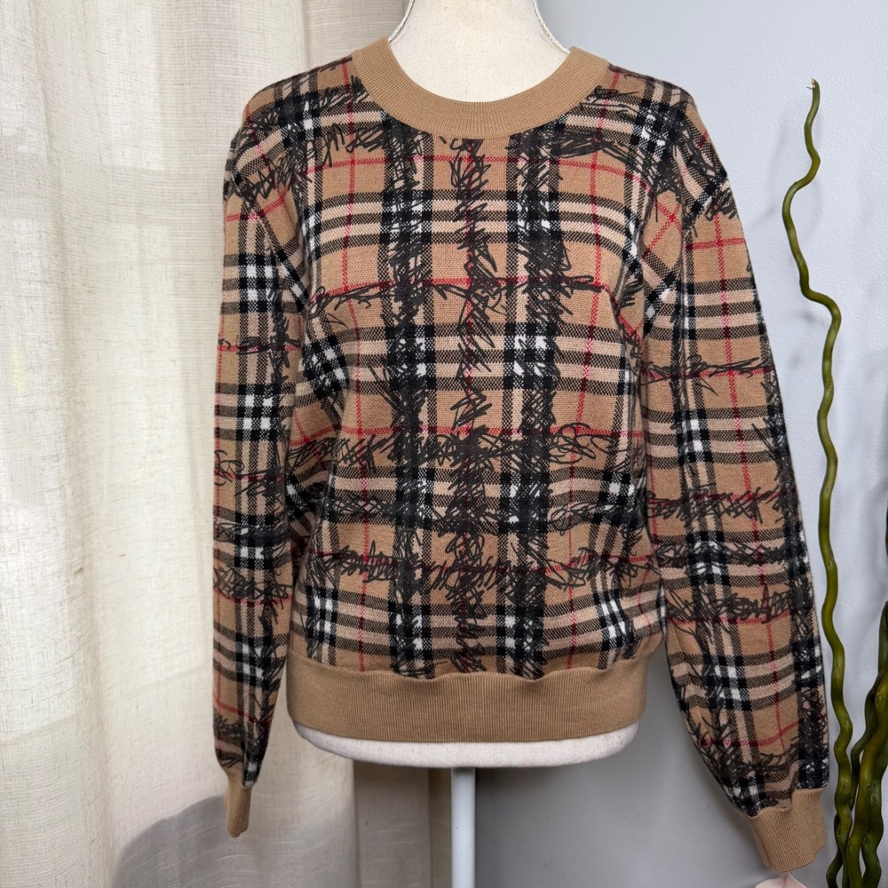 Burberry Kern Scribble Check Merino Wool Sweater Plaid Camel Women's Medium